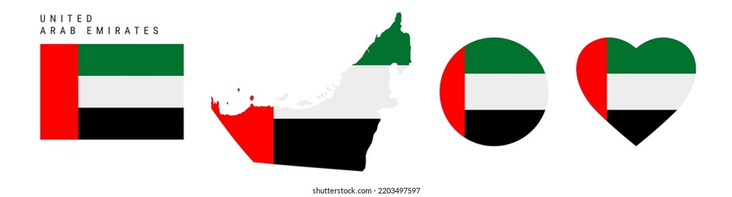 United Arab Emirates flag icon set. UAE pennant in official colors and proportions. Rectangular, map-shaped, circle and heart-shaped. Flat vector illustration isolated on white.