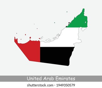 Mapa de la bandera de los Emiratos Árabes Unidos. Mapa de Emiratos Árabes Unidos con la bandera nacional emiratí aislada en un fondo blanco. Ilustración vectorial.