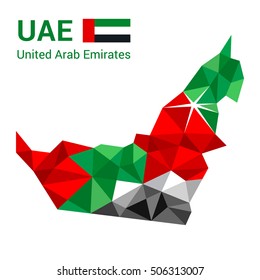 United Arab Emirates flag map in polygonal geometric style.
Vector illustration of United Arab Emirates, UAE map in geometric polygonal style, with Dubai marked with a star.