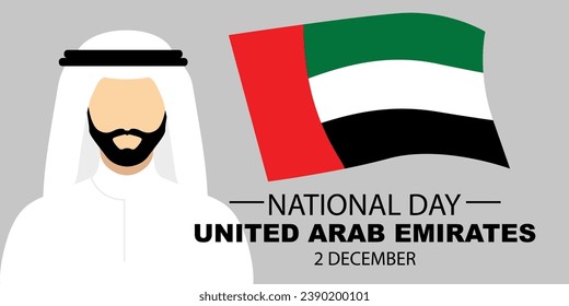 United Arab Emirates flag National day banner Spirit of the union logo. 49th anniversary Celebration Card with silhouette Arab man in the Kandura, UAE flag.