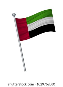 United Arab Emirates flag on the flagpole. Official colors and proportion correctly. waving of United Arab Emirates flag on flagpole, vector illustration isolate on white background.