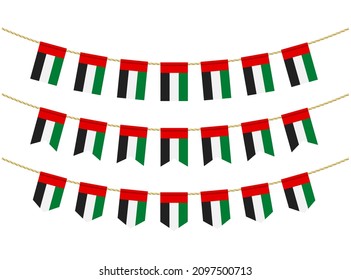 United arab emirates flag on the ropes on white background. Set of Patriotic bunting flags. Bunting decoration of United arab flag