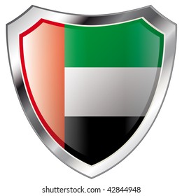united arab emirates flag on metal shiny shield vector illustration. Collection of flags on shield against white background. Abstract isolated object.