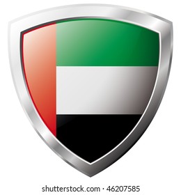 United Arab Emirates flag on metal shiny shield vector illustration. Collection of flags on shield against white background. Abstract isolated object.
