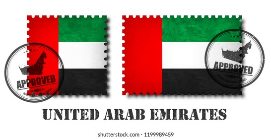 United arab emirates flag pattern postage stamp with grunge old scratch texture and affix a seal on isolated background . Black color country name with abrasion . Square and rectangle shape . Vector .