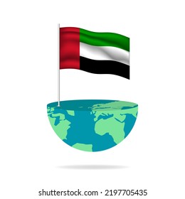 United Arab Emirates flag pole on globe. Flag waving around the world. Easy editing and vector in groups. National flag vector illustration on white background.