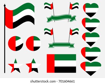 United Arab Emirates flag set. Collection of symbols, flag in heart. Vector illustration