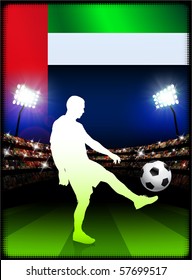 United Arab Emirates Flag with Soccer Player on Stadium Background Original Illustration