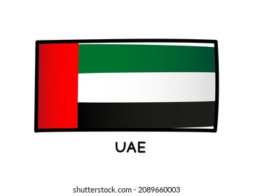 United Arab Emirates flag. UAE flag colorful logo. Freehand black, red, green and white brush strokes. Black outline. Vector illustration isolated on white background.