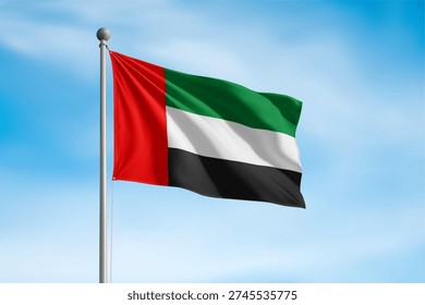 United Arab Emirates flag waving on pole against clear sky background.