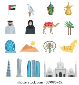 United arab emirates flat Icons with symbols of state and cultural objects isolated vector illustration