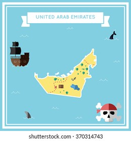 United Arab Emirates flat treasure map.. Colorful cartoon treasure map of United Arab Emirates with flat icons of pirate ship, jolly roger, treasure chest and banner ribbon.