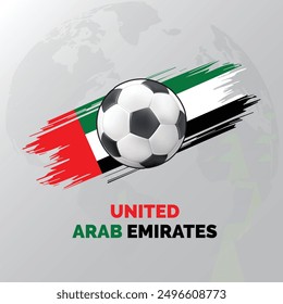 United Arab Emirates Football Background with United Arab Emirates Flag and World Map behind them, UAE. isolated on white background