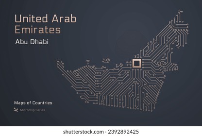 Vereinigte Arabische Emirate, Großbritannien Karte mit einer Hauptstadt von Abu Dhabi in einem Mikrochip Muster gezeigt. E-Government. Weltländer-Vektorkarten. Mikrochip-Reihe