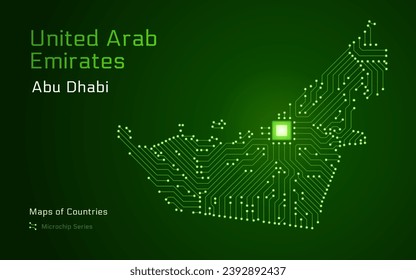 Emiratos Árabes Unidos, Gran Bretaña Mapa con la capital de Abu Dhabi mostrado en un patrón de microchip. Gobierno electrónico. Mapas vectoriales de países del mundo. Serie de microchips