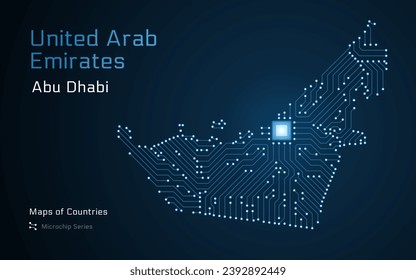 United Arab Emirates, Great Britain Map with a capital of Abu Dhabi Shown in a Microchip Pattern. E-government. World Countries vector maps. Microchip Series