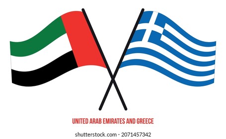 United Arab Emirates and Greece Flags Crossed And Waving Flat Style. Official Proportion.