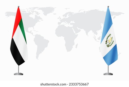 United Arab Emirates and Guatemala flags for official meeting against background of world map.