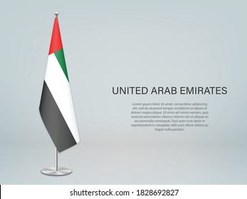 Emiratos Árabes Unidos colgando la bandera en el estrado. Plantilla para banner de conferencia política