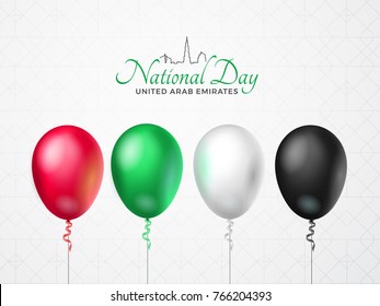 United Arab Emirates Happy National Day greeting card. 2 december. Balloons with emirate flag colors, isolated on white background with geometric pattern. Patriotic Symbolic vector illustration.