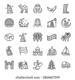 United arab emirates, icon set. Traditions, landmark, clothing, buildings, linear icons. Line with editable stroke