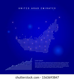 United Arab Emirates illuminated map with glowing dots. Infographics elements. Dark blue space background. Vector illustration. Growing chart, lorem ipsum text.
