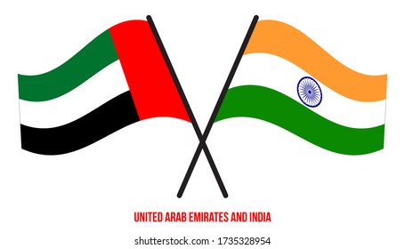 United Arab Emirates and India Flags Crossed And Waving Flat Style. Official Proportion.