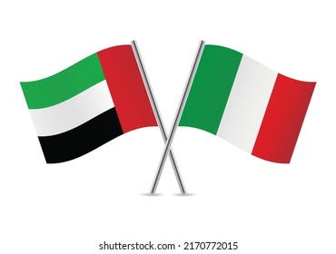 The United Arab Emirates and Italy crossed flags. UAE and Italian flags on white background. Vector icon set. Vector illustration.