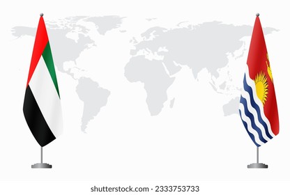 United Arab Emirates and Kiribati flags for official meeting against background of world map.