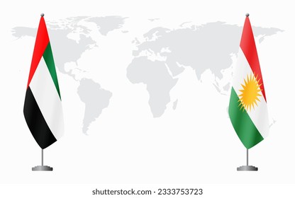 Banderas de los Emiratos Árabes Unidos y Kurdistán para una reunión oficial contra el fondo del mapa mundial.