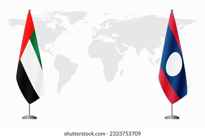 Flaggen der Vereinigten Arabischen Emirate und Laos für offizielle Treffen auf der Grundlage der Weltkarte.