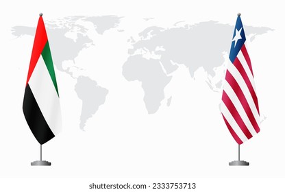 United Arab Emirates and Liberia flags for official meeting against background of world map.