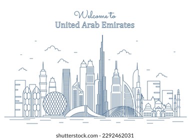 Linie der Vereinigten Arabischen Emirate. Städtische Landschaft mit modernem Gebäude, Panorama mit Wolkenkratzern. Reisen und Tourismus. Poster oder Banner für die Website. Cartoon-Flavektor-Vektorgrafik