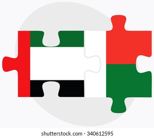 United Arab Emirates and Madagascar Flags in puzzle isolated on white background