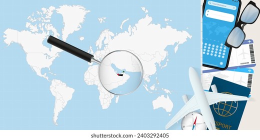 United Arab Emirates is magnified over a World Map, illustration with airplane, passport, boarding pass, compass and eyeglasses. Vector illustration.