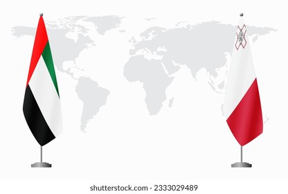 United Arab Emirates and Malta flags for official meeting against background of world map.
