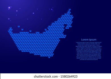United Arab Emirates map from 3D blue cubes isometric abstract concept, square pattern, angular geometric shape, glowing stars. Vector illustration.