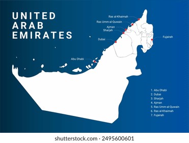 United Arab Emirates map, 7 Emirates of UAE map, UAE Outline map, Dubai, Abu Dhabi , Al Ain, Fujairah, Sharjah, Ras Al Khaimah, Umm Al Quwain Vector Illustration of UAE, UAE Drawing, Outline