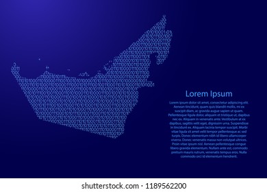 United Arab Emirates map abstract schematic from blue ones and zeros binary digital code with space stars for banner, poster, greeting card. Vector illustration.