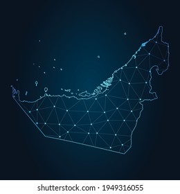 mapa de los Emiratos Árabes Unidos resumen línea de mash y escalas de puntos sobre fondo oscuro. Línea de red poligonal de malla 3D del marco de cables.