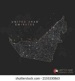 United Arab Emirates map abstract geometric mesh polygonal light concept with black and white glowing contour lines countries and dots on dark background. Vector illustration