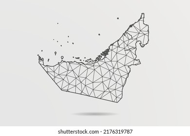 Mapa de los Emiratos Árabes Unidos - Resumen de la línea de purga y las escalas de puntos sobre el fondo blanco con el Mapa Mundial. Línea de red poligonal de malla 3D de marco de cables, esfera de diseño, punto - Ilustración vectorial eps 10