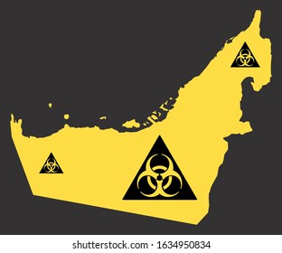 United Arab Emirates map with biohazard virus sign illustration in black and yellow