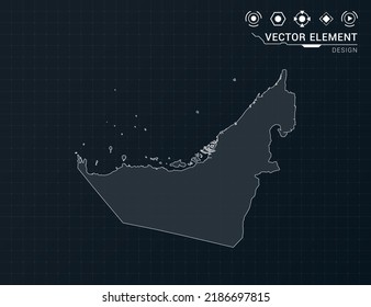 Mapa de los Emiratos Árabes Unidos del marco digital negro HUD, GUI, interfaz de interfaz de interfaz de usuario vector de radar.