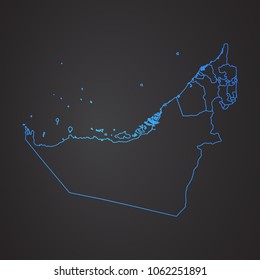 United Arab Emirates map: blue glitter outline with sparkling stars on dark background, map-United Arab Emirates.