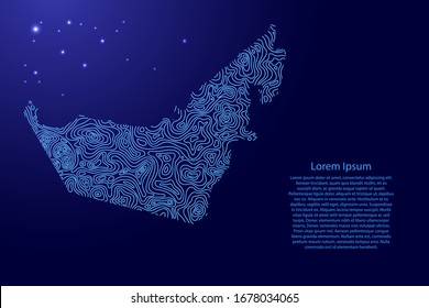 United Arab Emirates map from blue isolines or level line geographic topographic map grid and glowing space stars. Vector illustration.