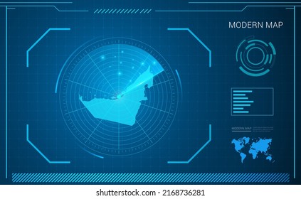 United Arab Emirates map of blue digital frame technology radar vector HUD, GUI, UI interface.
