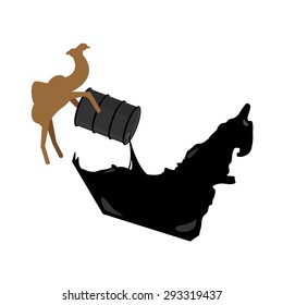 United Arab Emirates map. Camel pours oil from  barrel to UAE  map. Vector illustration
