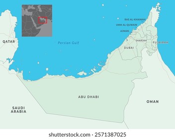 United Arab Emirates map with capital Abu Dhabi, most important cities and national borders