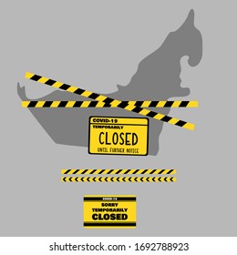 United Arab Emirates map with Caution Tape and Closed Sign. Country Lockdown due to Coronavirus COVID-19 Outbreak Concept. Flat Vector Illustration.